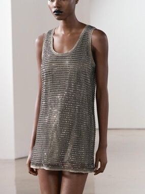ZARA Silver Beaded Metallic Chainmail Mini Dress NWT